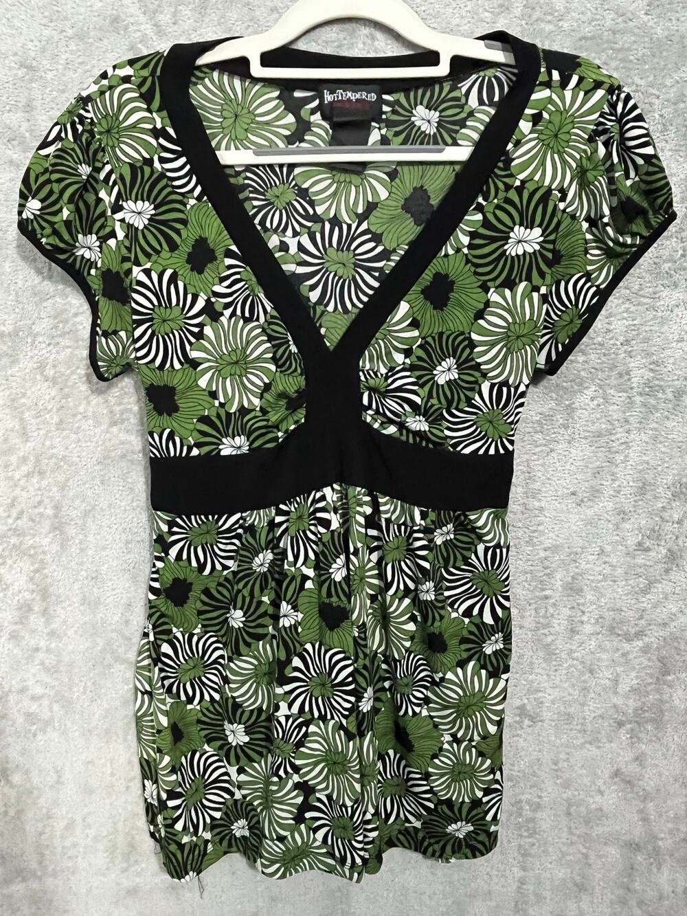 VTG Y2K Hot Tempered Babydoll Blouse Small Green Floral Retro Gilmore Girls